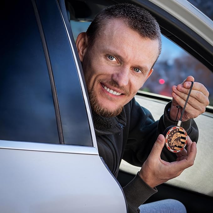 Wood Car Air Freshener - American Flag Design - Handcrafted Fragrance-Free Essential Oil Hanging Diffuser with Felt Pad - Add Your Own Oils - Refillable - Car/Truck/SUV - Cardboard Box