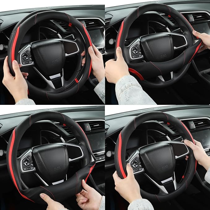 Car Steering Wheel Cover, Leather Steering Wheel Cover Red Universal 14.5-15 Inch Microfiber Leather Anti-Slip Breathable Auto Steering Wheel Covers for Men Women (Black&Red)
