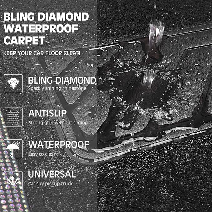 CAR PASS Bling Diamond Leather Steering Wheel Cover 14.5in-15in Floor Mats Shining Rhinestone Carpet Sparkly Glitter Crystal Anti-Slip Pad Fit Automotive SUV Pickup Truck Girl Women, 5pcs Multicolor