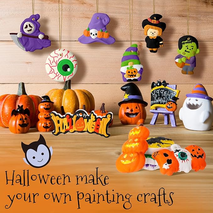 Seenelling 24 Sets Halloween DIY Painting Kits Paint Your Own Ceramics Pumpkin Ghost Unpainted Plaster Statues Arts and Crafts with Brush, Lanyard for Kids Halloween Gifts Party Decor (Classic)