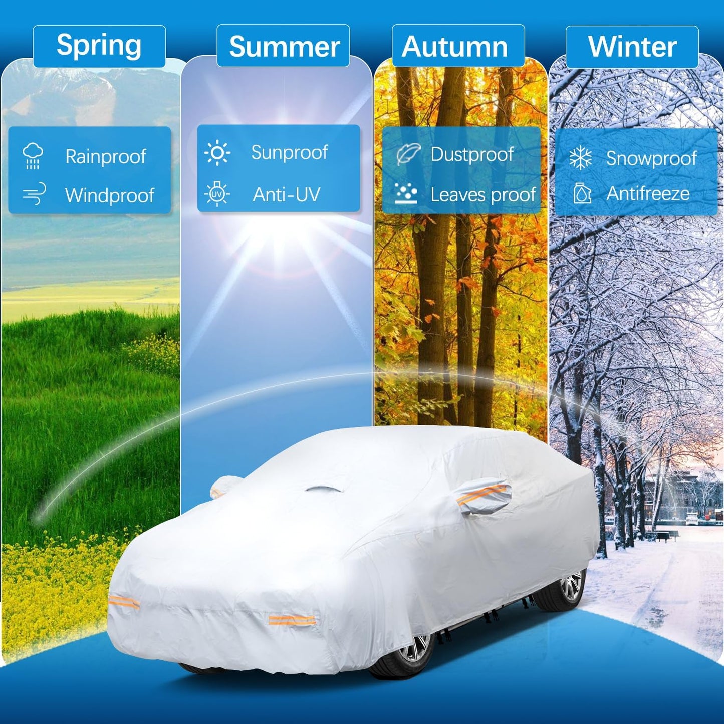 30 Layers Heavy Duty Car Cover for Automobiles All Weather Waterproof, Outdoor Snowproof UV Protection Windproof, Door Zipper, Soft Cotton Universal Car Covers (Silver, Fit Sedans 181"-190")