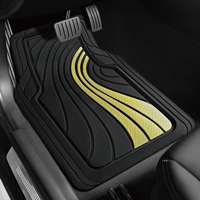 Road Comforts Car Floor Mats Full Set – Front & Rear Car Floor Mats with Aluminum Design, Anti-Slip Backing, All-Weather Protection, Trim-to-Fit Car Mats for Most Sedans, SUVs & Vans - Yellow