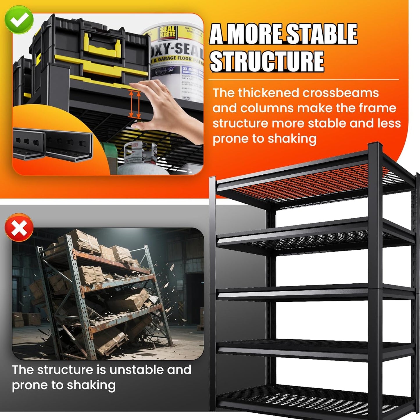 Large Garage Shelving, 5-Tier Garage Storage Shelves 3000LBS Heavy Duty Shelving Unit, Adjustable Steel Metal Shelving, Wire Shelves for Garag, Utility Rack Shelf for Basement, 81.1 ”H×45.7”W×19.7”D