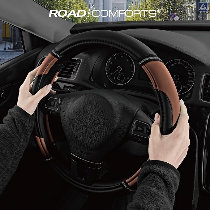 Road Comforts Leather Steering Wheel Cover - Made with PVC Leather - Anti-Slip, Universal Fit 14 1/2 inches to 15 inches - Brown