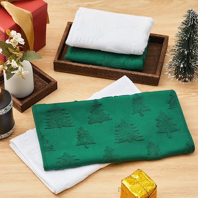 4 Pack Christmas Tree Hand Towels 14" x 30" 3D Jacquard Christmas Bathroom Towels Absorbent 100% Cotton White Green for Drying Cleaning Xmas Holiday Decorative Gift