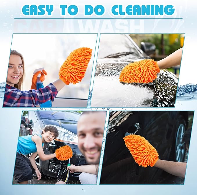 Toulite 16 Pcs Car Wash Mitt Chenille Microfiber Wash Mitt Double Sided Glove Cleaning Drying Mitts(7.48 x 10.24 Inch,Orange)