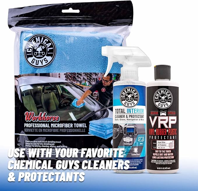 Chemical Guys MICBLUE03 Workhorse Professional Microfiber Towel, Blue (Safe for Car Wash, Home Cleaning & Pet Drying Cloths) 16" x 16", Pack of 3