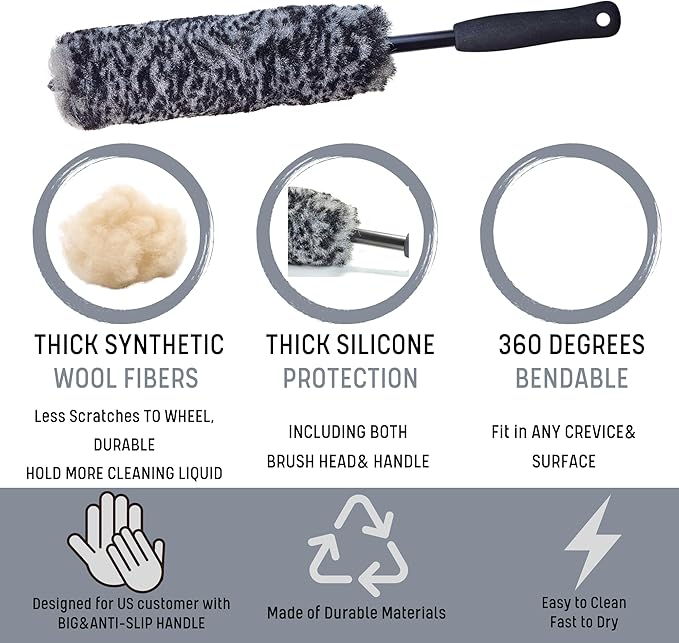 Refined Long Handle Car Wheel Brush Arsenal, Soft Wheel and Rim Brush,Tire Brush, Bendable & Durable Car Wheel Rim Cleaner Brush Set for Cleaning Wheel and Tire, Large, Grey & Black