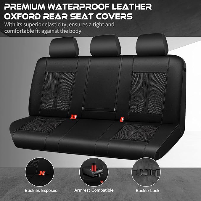 CAR PASS Leather Oxford Rear Seat Covers, Waterproof Back Seat Covers,All-Weather Non-Slip Durable, Universal Fit for SUVs Sedans Trucks Vans Automotive,Black