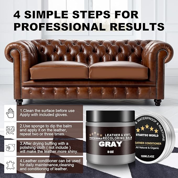 STARTSO WORLD 200Ml Leather Recoloring Balm with 100ML Leather Conditioner, Gray Leather Repair Kit for Furniture, Leather Dye, Leather Scratch Repair, Leather Couch Paint