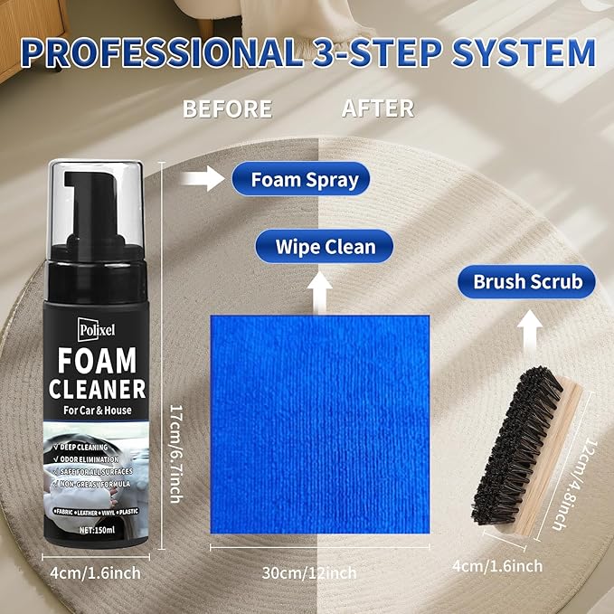 Car Interior Foam Cleaner - Powerful Waterless Carpet Upholstery & Seat Stain Remover for Leather, Fabric, Vinyl - Auto Detailing Spray with Brush Safe for All Cars - 5oz / 150ml