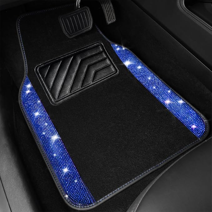 CAR PASS Bling Diamond Leather Steering Wheel Cover 14.5in-15in Floor Mats Shining Rhinestone Carpet Sparkly Glitter Crystal Anti-Slip Pad Fit Automotive SUV Pickup Truck Girl Women, 5pcs Black Blue