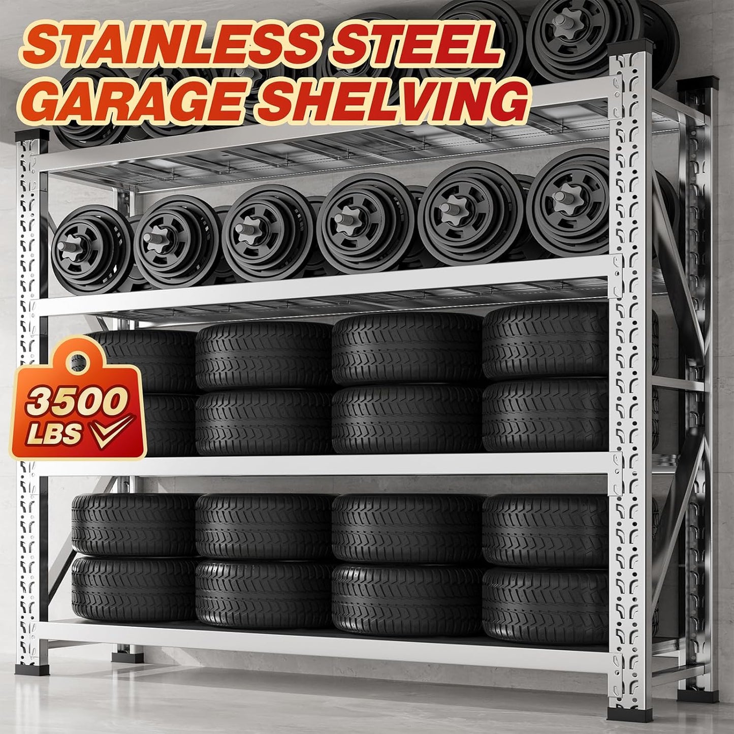 KINGBO 59"W Garage Shelving 3500LBS Heavy Duty Garage Shelving Units and Storage Adjustable 4 Tier Stainless Steel Industrial Shelves Commercial Shelving Rack for Warehouse Basement 20"D x 59"W x 59"H