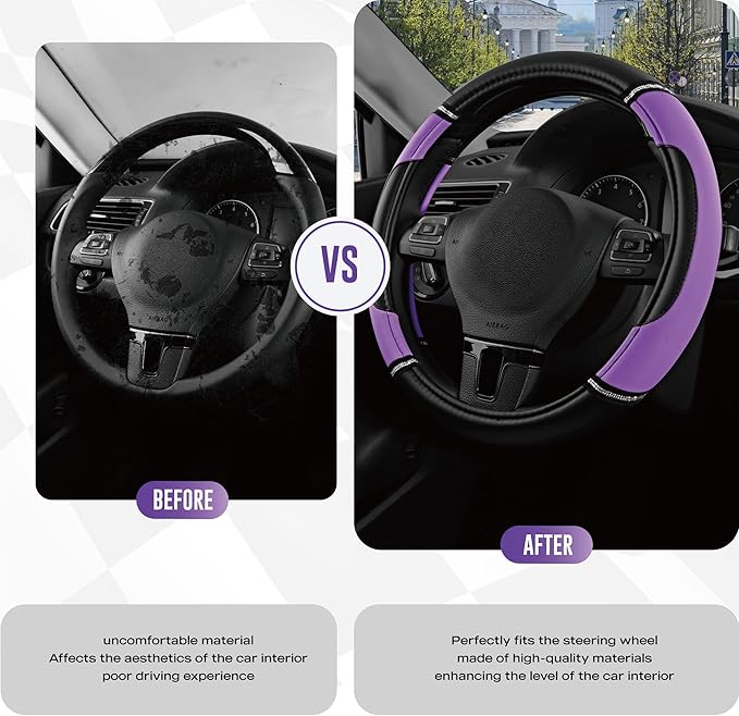 Road Comforts Leather Steering Wheel Cover - Made with PVC Leather - Anti-Slip, Universal Fit 14 1/2 inches to 15 inches - Purple