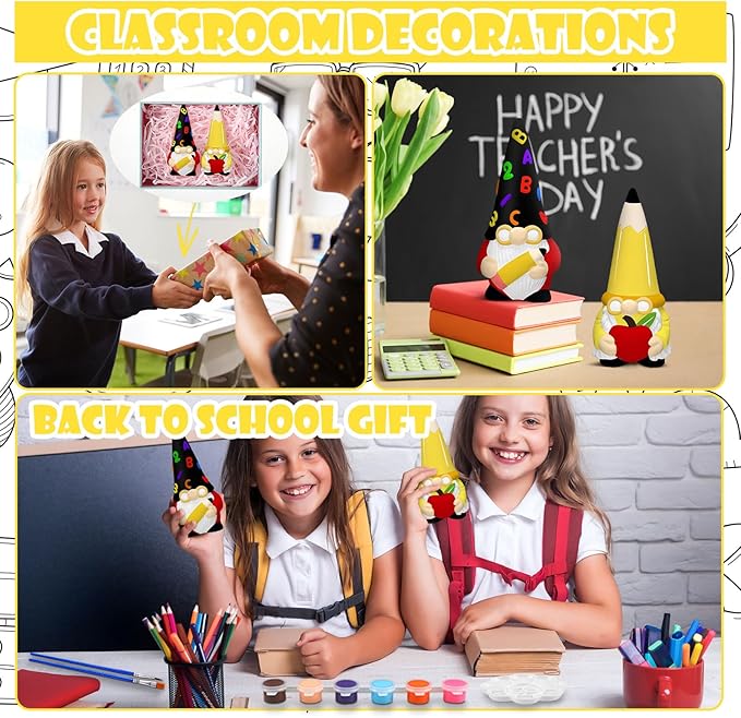 Seenelling 2 Sets Ready to Paint Your Own Gnome School Gnome Ceramics to Paint Teacher Appreciation Gifts 4'' Unpainted Ceramic Figurine Kit for Teacher DIY Art Crafts Office Desk Home Table Decor