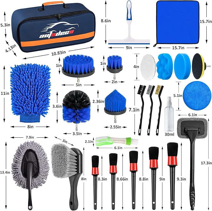 AUTODECO 27Pcs Car Detailing Brush Set, Car Detailing Kit, Auto Detailing Drill Brush Set, Car Detailing Brushes, Car Wash Cleaning Tools Kit for Interior, Exterior, Wheels, Blue