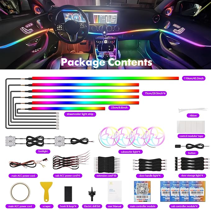 New Version Dreamcolor Acrylic Car Interior Lights 22 in 1 RGB LED Strip Lights APP Control Zoned Control System 252 Color Modes DIY Fiber Optic Ambient Lighting Kits Music Car Neon Lights