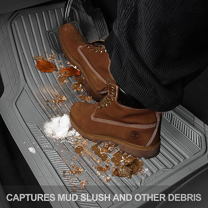 CAR PASS Heavy Duty Sporty Rubber Car Mats, Deep Dish All Weather Car Floor Mats Full Set, Waterproof Anti-Slip Automotive Matts Rugs Trim to Fit for Most Sedans SUVs Vans, 4-Piece All Gray