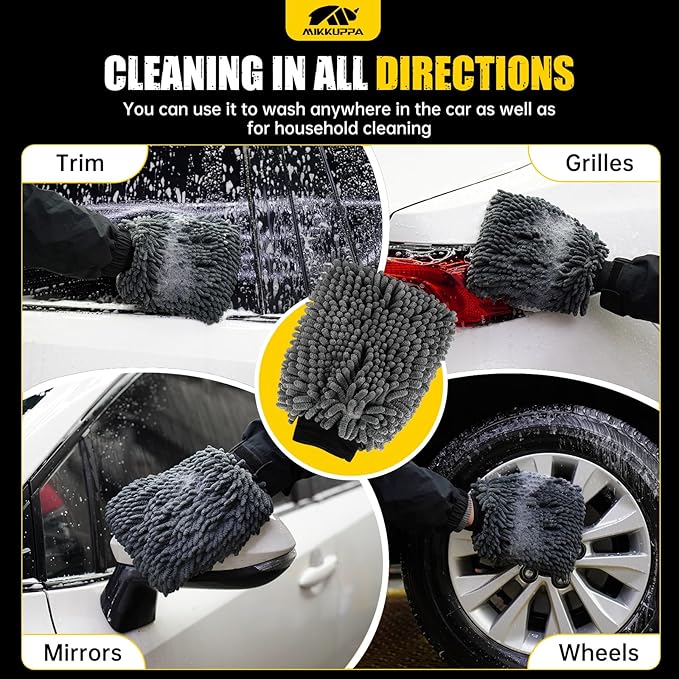 MIKKUPPA Car Wash Mitt Microfiber - Double-Sided Chenille Scratch Free Mitt with Waterproof Inner for Car Washing Home Cleaning (Gray, 2Pack, 10'' x 7'')