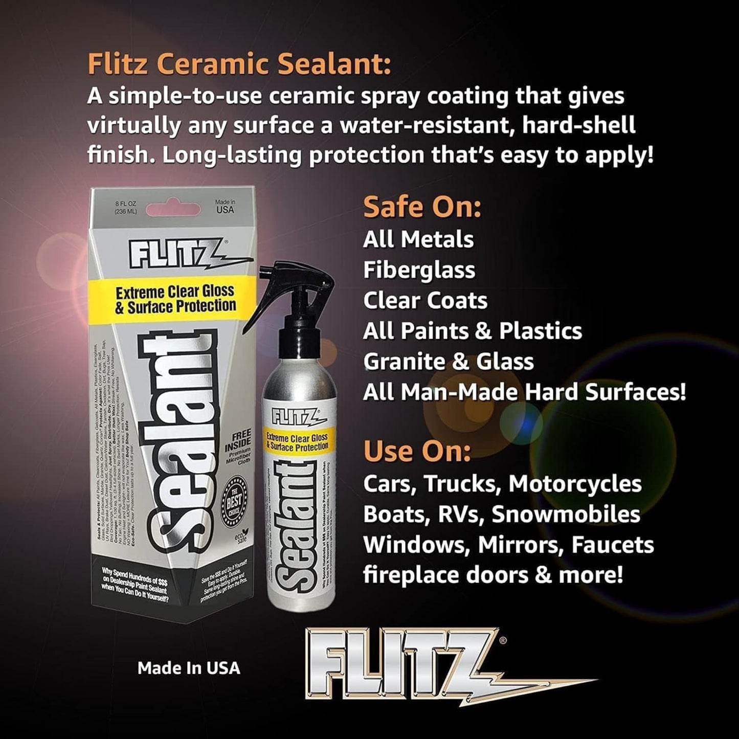 Flitz Ceramic Sealant - 8oz Bottle of USA-Made Ceramic Coating for Cars, Boats, Glass - Repels Water, Polishes, and Protects for 1 Year - Protection Car Spray (1 Pack)