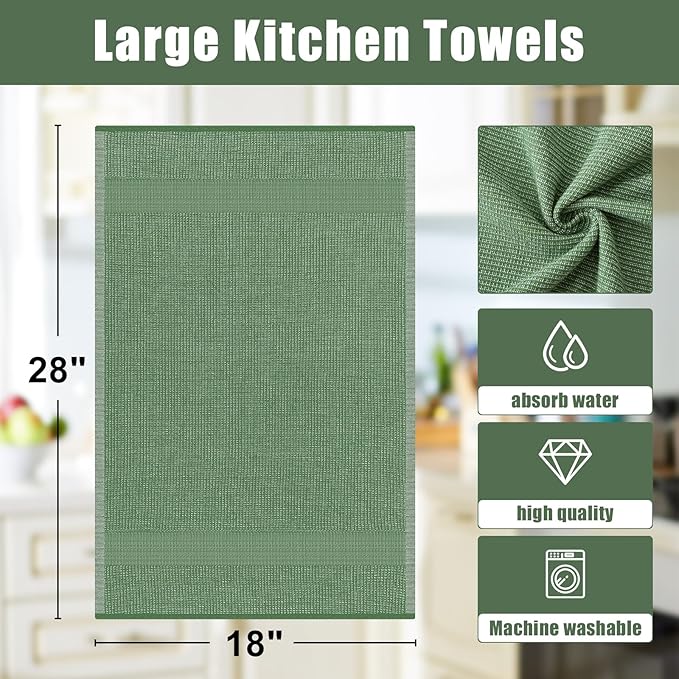 Homaxy Premium Kitchen Towels(18”x 28”, 12 Pack), Large Cotton Kitchen Hand Towels, Flat and Terry Dish Towels, 380 GSM Highly Absorbent Tea Towel Set with Hanging Loop, Grass Green