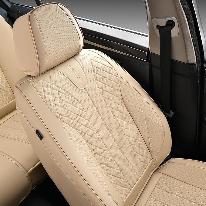 FLORICH Front Seat Covers, Leather Car Seat Covers Luxury Automotive Seat Covers Waterproof Car Seat Protectors Universal Fit for Most Cars SUV Trucks Vehicles, Beige