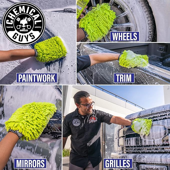 Chemical Guys Chenille Premium Scratch-Free Microfiber Wash Mitt - Lime Green, Ultra-Soft Car Wash Glove for Swirl-Free Finish, Safe for Cars, Trucks, SUVs, Motorcycles, and More