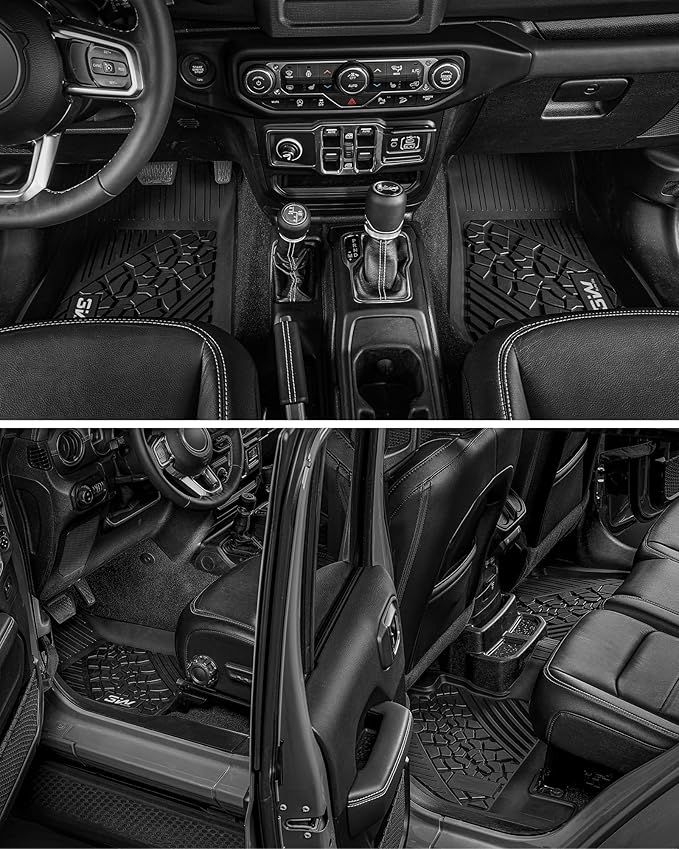 3W Floor Mats Compatible for Jeep Wrangler JL 2018-2024 2025 Unlimited 4-Door Gas/MHEV Type(Non JK or 4XE) All-Weather TPE Floor Liner for 1st and 2nd Row Full Set Car Mats, Black