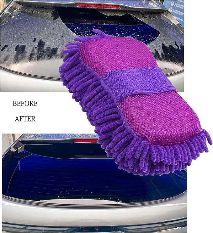 Microfiber Car Wash Sponge-Non-Scratch Wash Mitt-Two Sided Chenille Microfiber Washing Sponge-Mitt for Cars, Trucks, SUVs, Boats (2 Pack Purple)