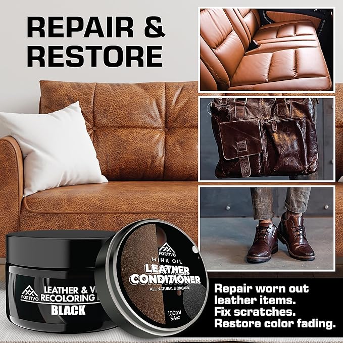 FORTIVO Leather Recoloring Balm with Mink Oil, Couch Repair Kit, Leather Dye and Restorer for Furniture - Black