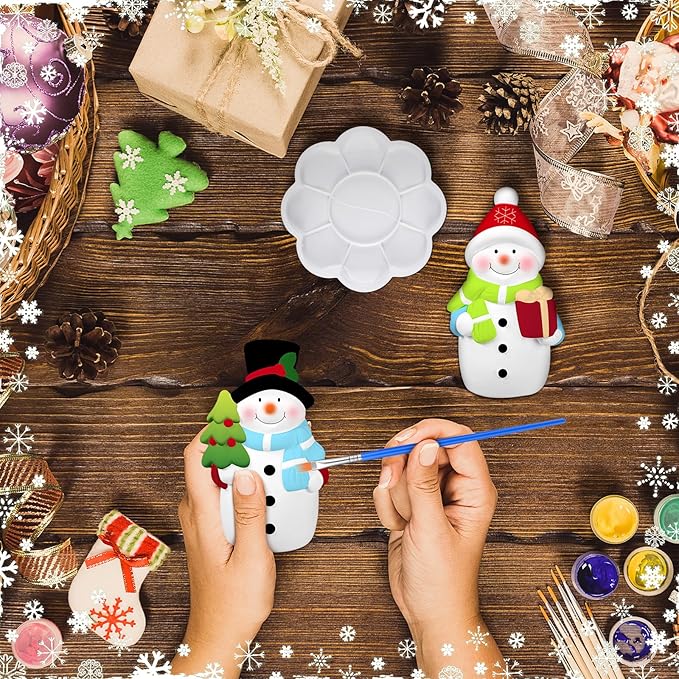Seenelling 2 Pack Christmas Snowman Ceramics Ready to Paint Your Own Statues 4'' DIY Unpainted Figurines Kit Blank Paintable Ceramics Classroom Art and Crafts Decorations