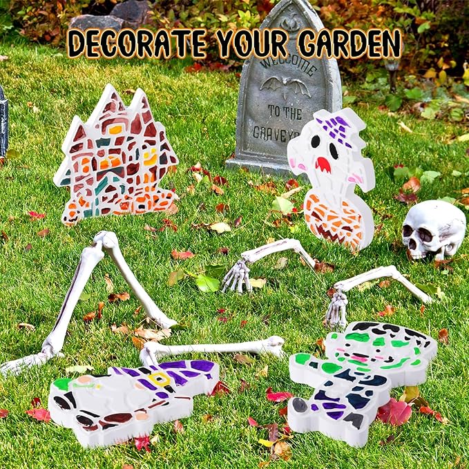 Gersoniel 6 Pack Halloween Painting Kit Stepping Stones Painting Crafts DIY Ceramic Mosaic Set with Paints and Brushes Pottery Garden Stones Spooky Figurines for Arts and Party Decor