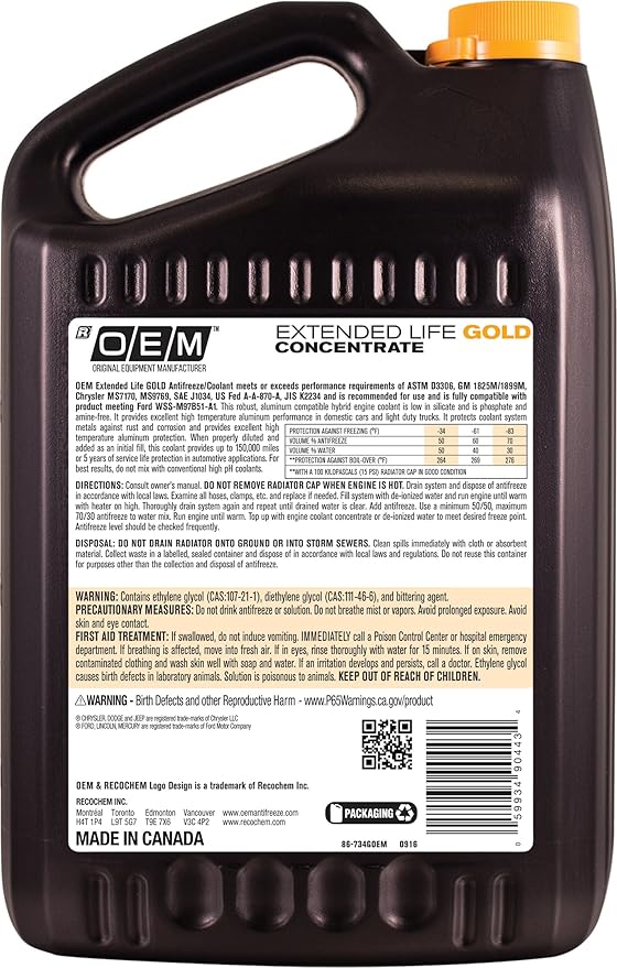 Recochem OEM 86-734GOEM Gold Premium Antifreeze Concentrate Extended Life GOLD, 1 gallon, 1 Pack