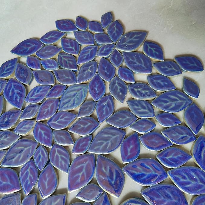 1.1LB Iridescent Leaves Ceramics Mosaic Tiles,Making Creative 3 Size Ceramic Mosaic Pieces for DIY Craft,Flowerpots,Vases,Cups,Garden Decor Mosaic Making Supplies (Navy Blue)