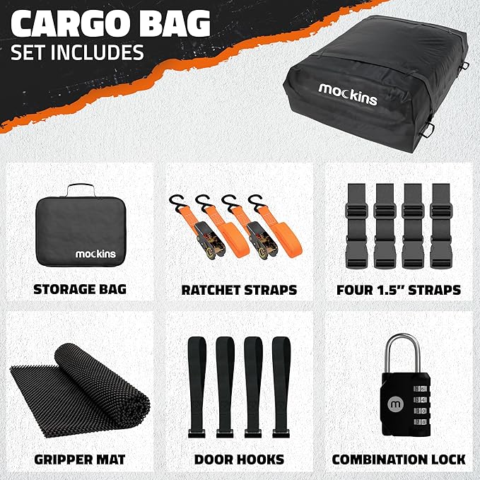Mockins 16 Cu.Ft. Car Rooftop Cargo Carrier Bag | 45"x34"x18" Roof Bag for Car Without Rack | Car Topper Luggage Carrier Waterproof Cargo Bag for Top of Car | Vehicle Soft Shell Carriers & Accessories
