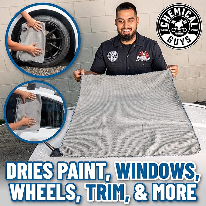 Chemical Guys Waffle Weave Gray Matter Microfiber Drying Towel - 25" x 36", 70/30 Blend with Silk Edging for Scratch-Free Car Drying, Ultra Absorbent and Safe for All Surfaces