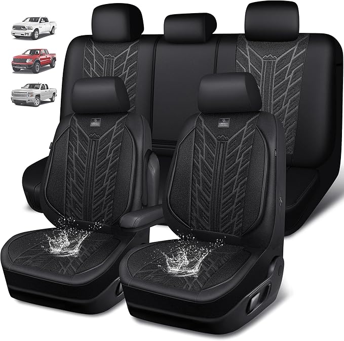 CAR PASS Leather Oxford Car Seat Covers Full Set,Waterproof Seat Cover for Truck,All Weather Non-Slip Durable Universal Fit for Extra Large Truck Car SUV Sedan Van Automotive,Black 3D Tyre Embossed
