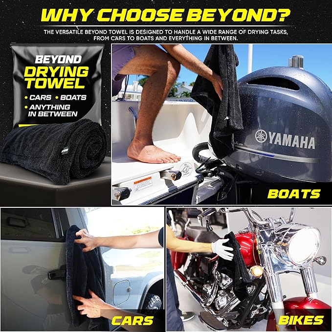 Beyond Drying Towel - Super Absorbent Large Premium Microfiber Detailing Towel for Cars and Boats - Twisted Loop Microfiber Technology - One-Pass Scratch and Streak Free - 24' x 36' Black