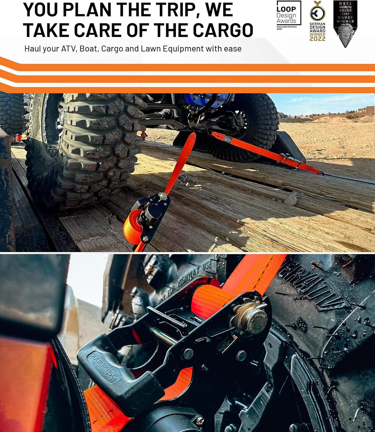 Strapinno 2PCs Retractable Ratchet Tie-Down Straps,5,000 lbs Break Strength- 2 in x 12 ft Heavy Duty Ratchet Strap with Safety Lock S Hooks for Motorcycles, ATVs, UTVs, Lawn Equipment & Cargo-Orange