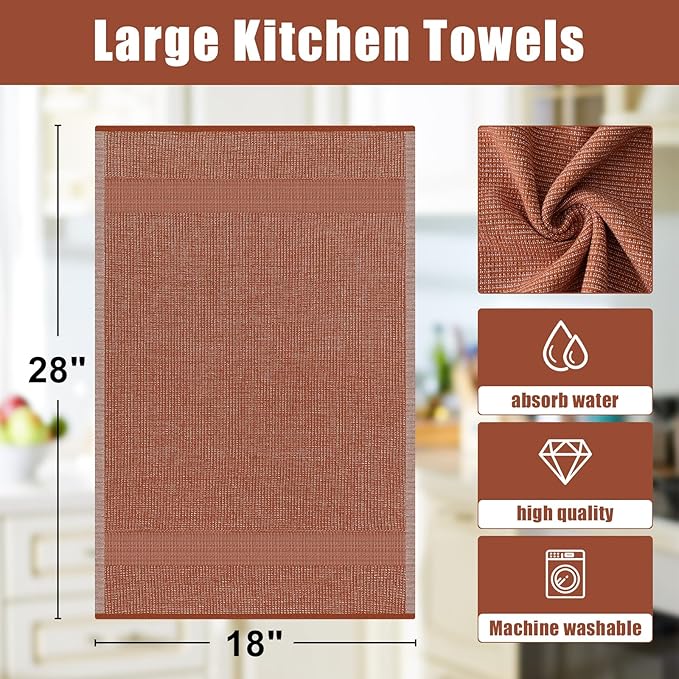 Homaxy Premium Kitchen Towels(18”x 28”, 6 Pack), Large Cotton Kitchen Hand Towels, Flat and Terry Dish Towels, 380 GSM Highly Absorbent Tea Towel Set with Hanging Loop, Rust