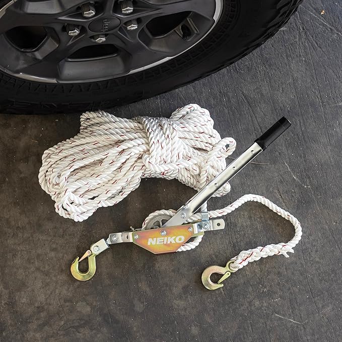 NEIKO 02250A Rope Puller, 3/4-Ton (1,500 lbs) Pulling Capacity, 98Ft, 2 Hook, Heavy Duty Power Cable Come Along Tool with Dual Gears, Hand Winch Cable, Automotive Hoist Winch Puller, Recovery Gear