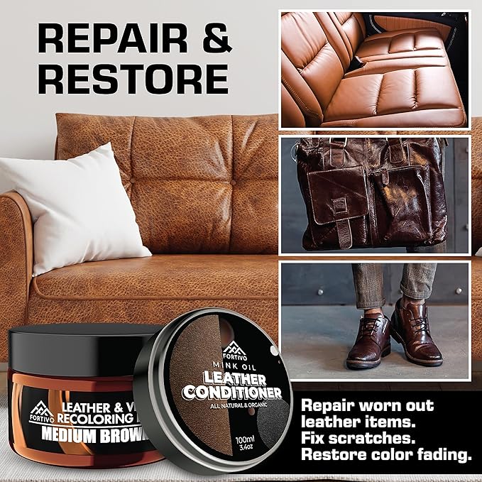 FORTIVO Leather Recoloring Balm with Mink Oil, Couch Repair Kit, Leather Dye and Restorer for Furniture