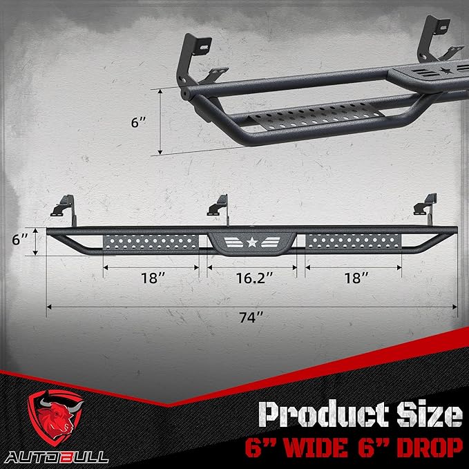 Quad Cab Running Boards Compatible with 2009-2018 Dodge Ram 1500, 2019-2024 Classic 1500, 2010-2024 Ram 2500 3500, 6" 2-Stairs Side Step Rails Coated Black Carbon Steel Nerf Bars