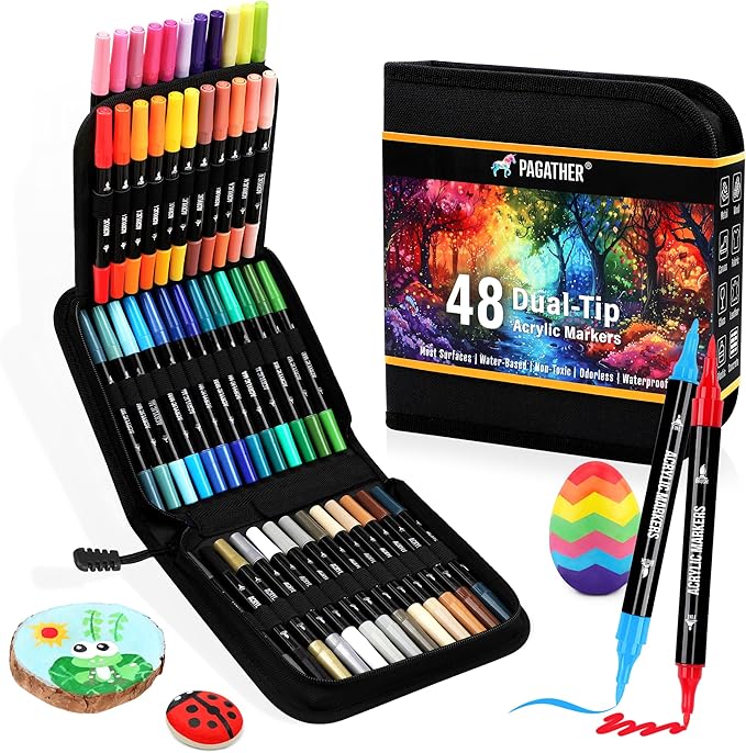 48 Colors Acrylic Paint Markers, Dual Tip with Fine Tip and Brush Tip Pens for Stone, Wood, Calligraphy, Canvas, Ceramic, Metal, Glass, Rock Painting, DIY Crafts Art Supplies Kit