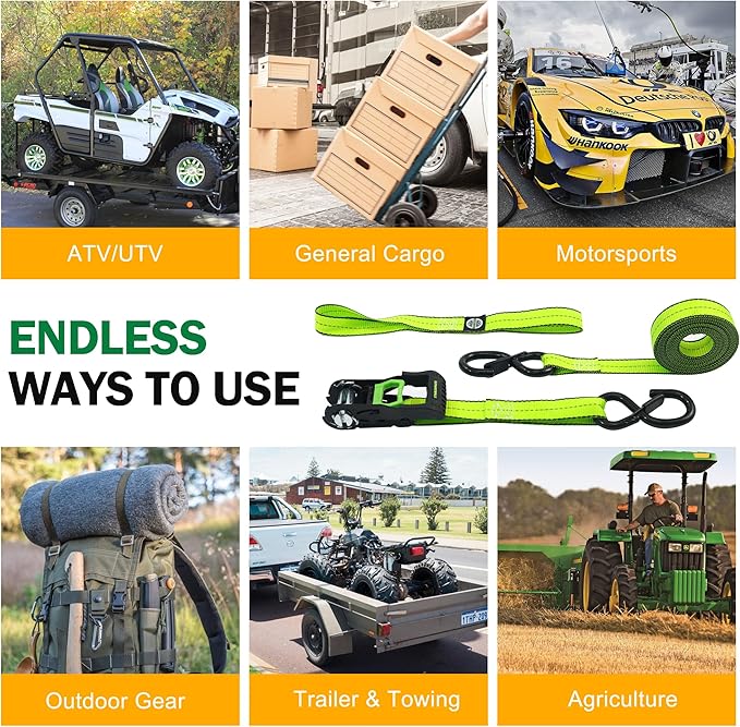 Motorcycle Tie Down Strap (4PK) - 2,100lb Break Strength Premium 15ft Ratchet Tie Down Straps Set, Soft Loop Ratchet Straps for Moving Appliances, Lawn Equipment, Cargo Straps for Trucks