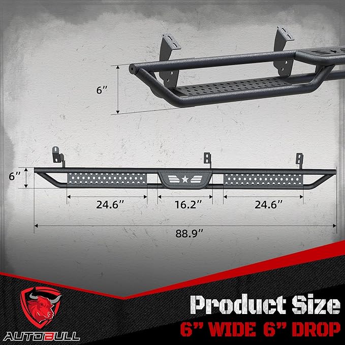 Running Boards Compatible with 2007-2021 Toyota Tundra Crewmax Cab 4 Full Size Doors, 6" 2-Stairs Side Step Rails Coated Black Carbon Steel Nerf Bars