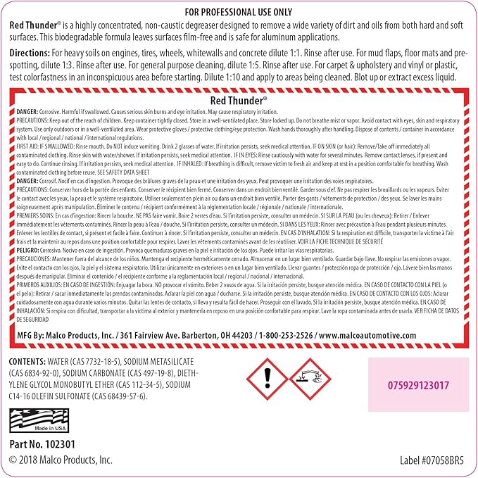 Malco Red Thunder - Automotive Cleaner and Degreaser - Breaks Down Grease & Grime on Engines, Wheels and Tires/Biodegradable, Heavy Duty and Multi-Purpose / 1 Gallon (102301)