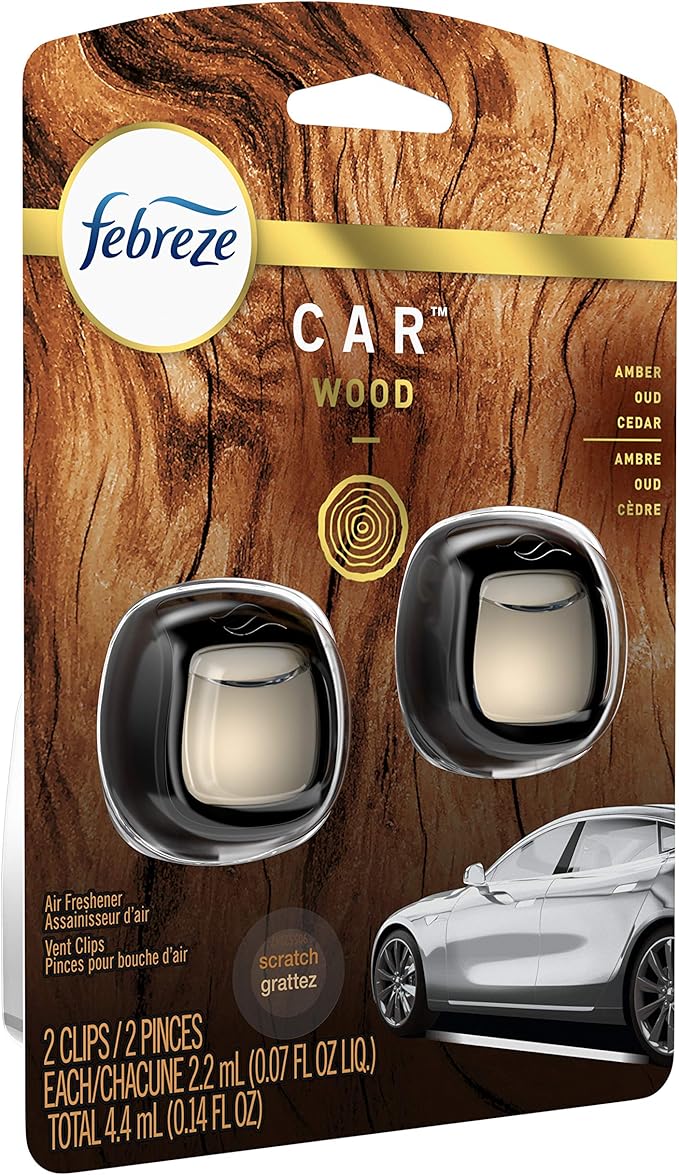 Febreze Car Air Fresheners, Wood Scent, Odor Eliminator Vent Clips (2 Count)