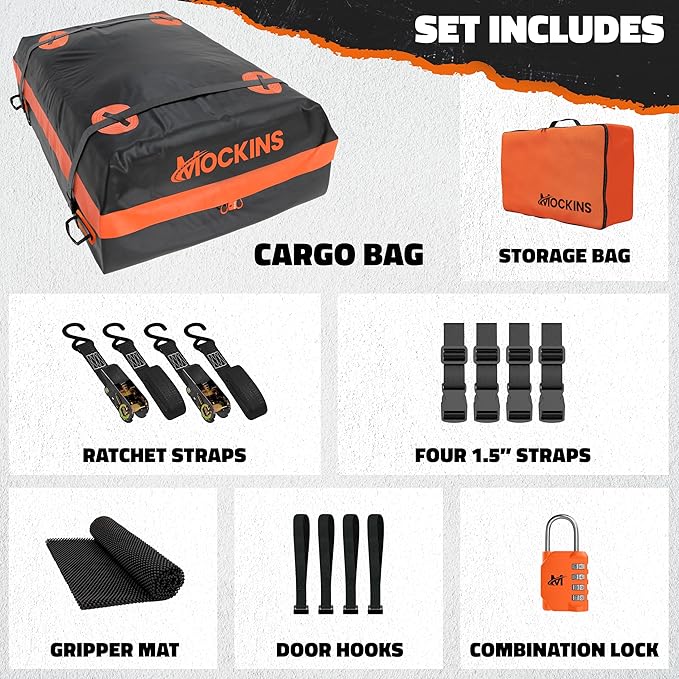 Mockins 20 Cu.Ft. Roof Cargo Bag for Top of Car | 53"x40"x17" All-Weather Rooftop Cargo Carrier Bag | Abrasion-Resistant Vinyl Car Top Carrier Without Roof Rack w/Mat, Straps, Hooks, Lock & Carry Bag