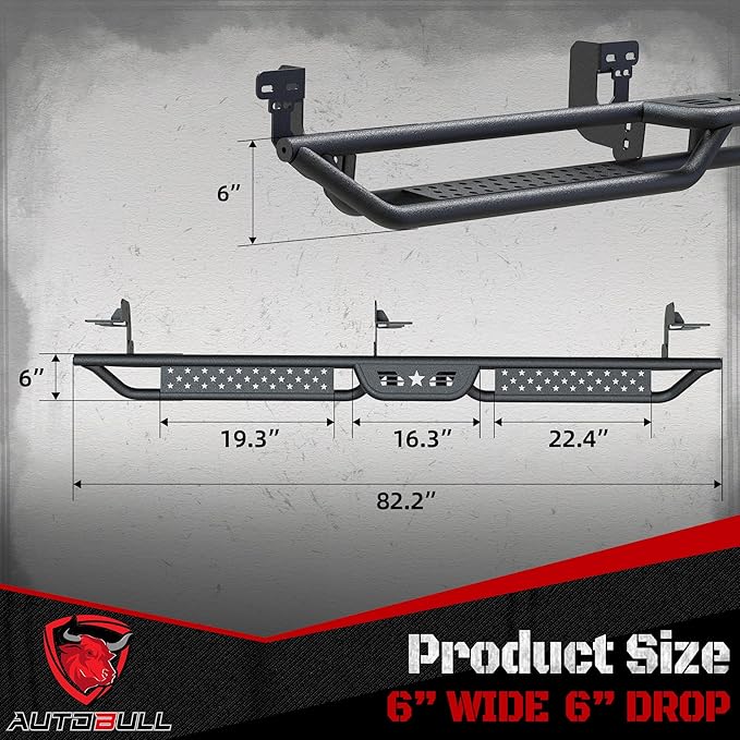 Crew Cab Running Boards Compatible with 2009-2018 Dodge Ram 1500, 2019-2024 1500 Classic, 2010-2024 Ram 2500 & 3500 CrewCab, 6" 2-Stairs Side Step Rails Coated Black Carbon Steel Nerf Bars